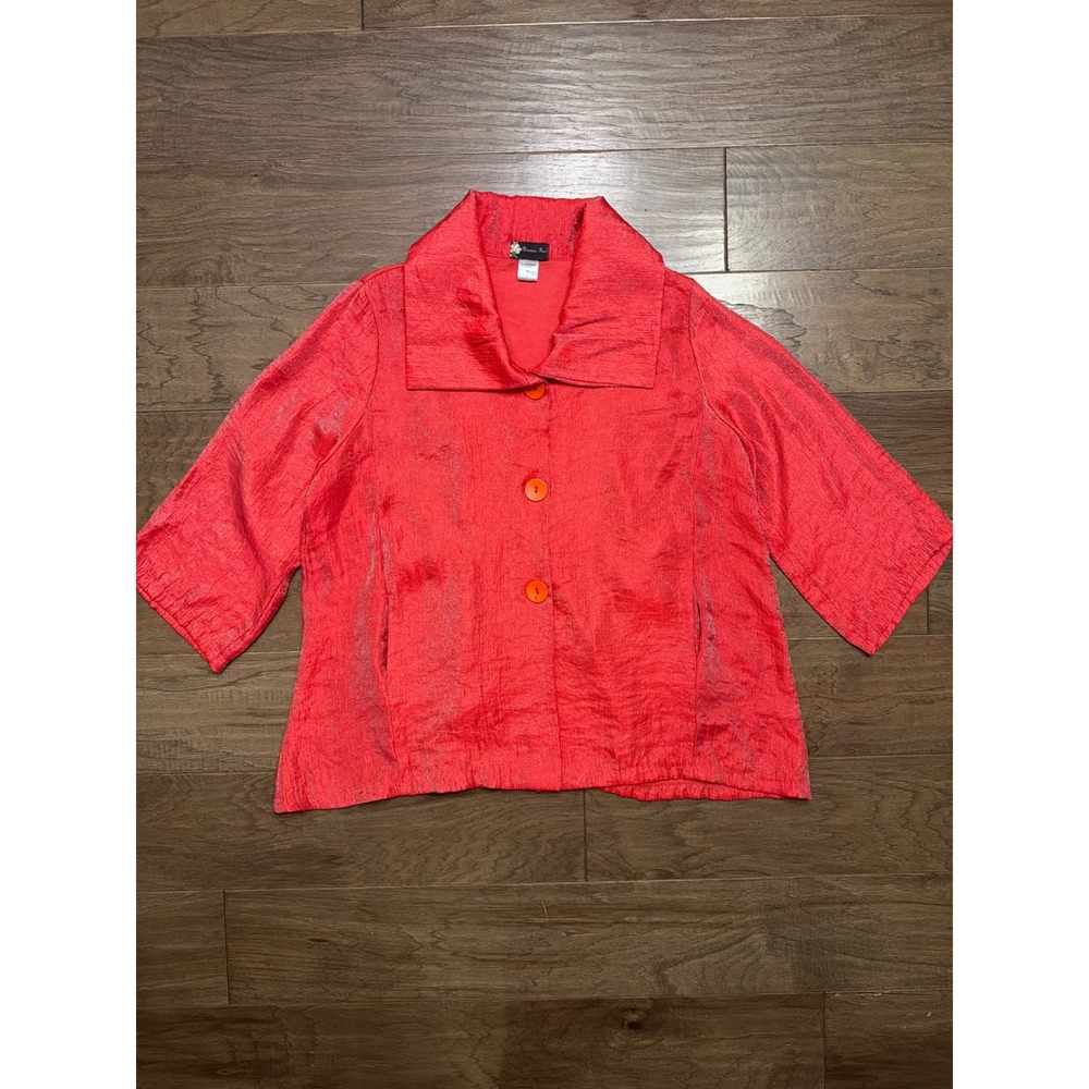 Damee Inc Jacket Womens XL Coral Red Poly Rayon Textured Art to Wear Button